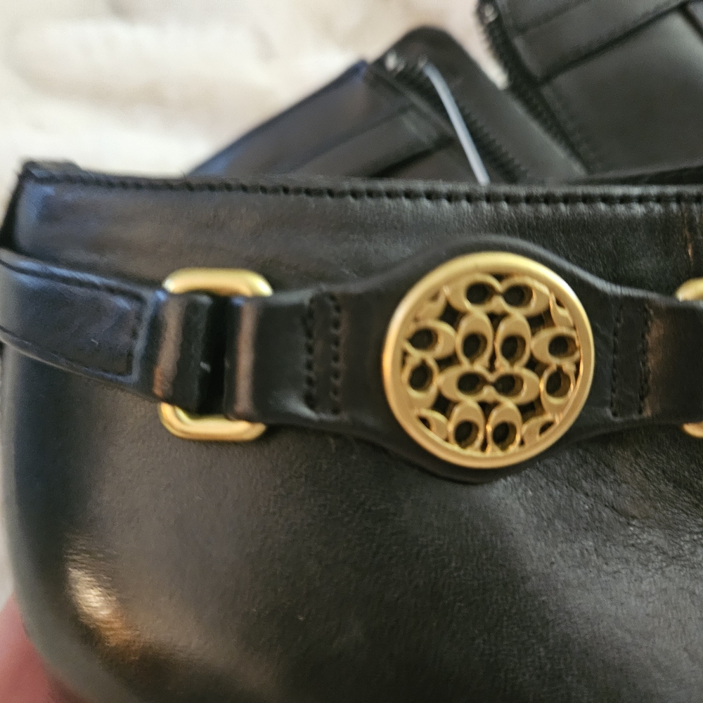 Coach Black Leather Ankle Boots with Gold Accents - Picture 2 of 8